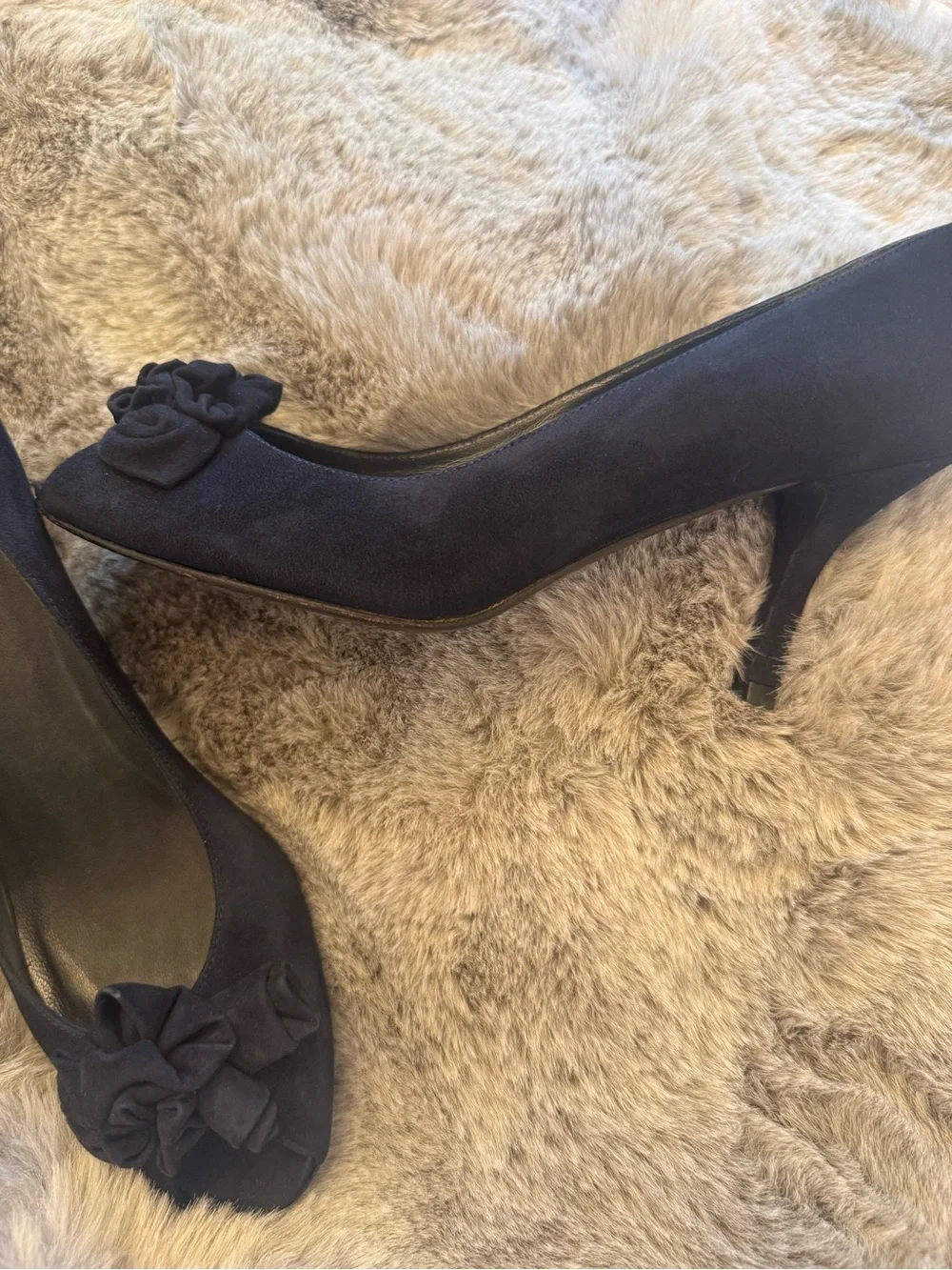 Stuart Weitzman Navy Suede Pumps with Rosette Accent open toe